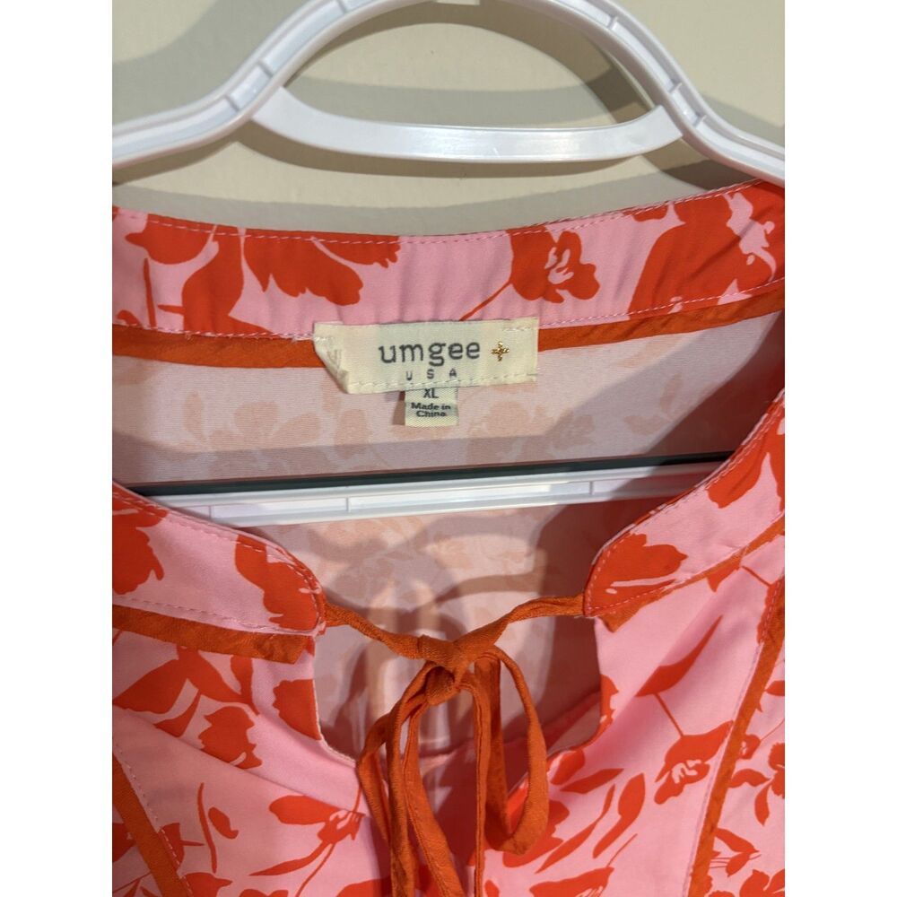 Umgee Women's babydoll Mini Dress Pink Orange Floral XL tie neck Flutter sleeve - Picture 3 of 4